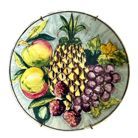 2 Hand Painted Ceramic Wall Plates Made in Spain Featuring Grapes and Pineapple - Picture 5 of 8